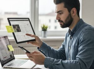 En man som granskar information p flera digitala skrmar samtidigt.
