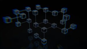 Glödande kuber bildar ett digitalt nätverk på svart bakgrund